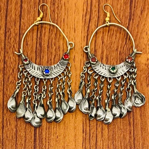 Vintage Silver Kuchi Earrings With Long Tassels, Tribal Earrings, Kuchi Boho - Picture 2 of 10